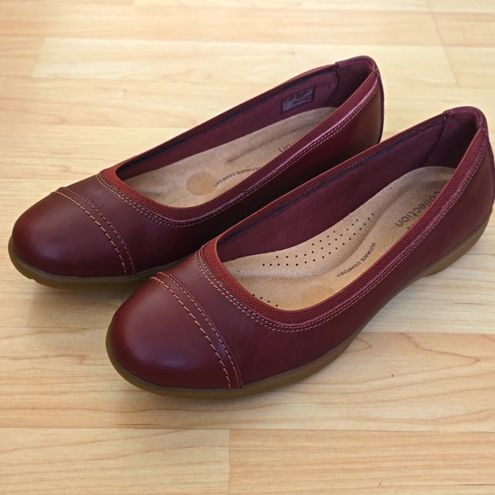 Clarks Meadow Opal Ballet Flat Comfort Red Leather Slip-Ons Shoes Size 8